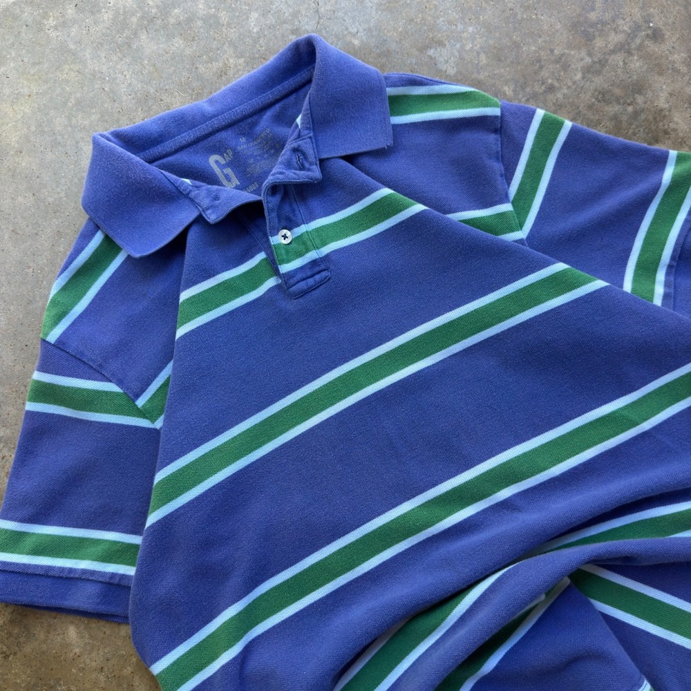Vintage 2000s GAP Polo Shirt Striped Y2K Gorpcore Blue Size M (g2a sku)
